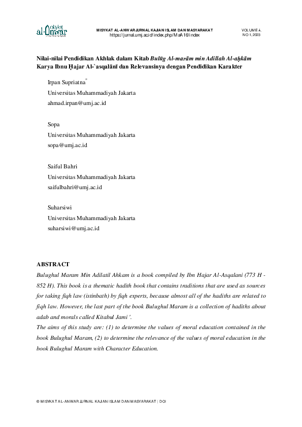 Nilai-nilai Pendidikan Akhlak dalam Kitab Bulūg Al-marām min Adillah Al-aḥkām Karya Ibnu Ḥajar Al-`asqalānī dan Relevansinya dengan Pendidikan Karakter