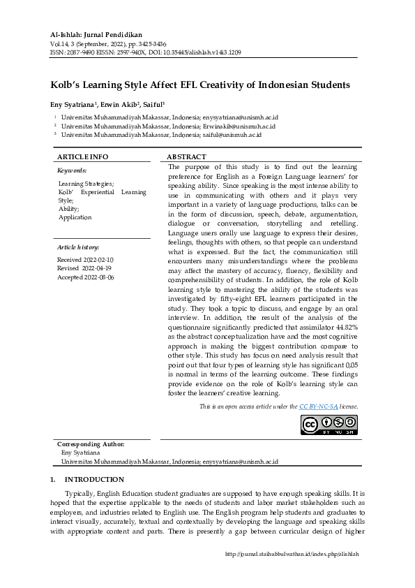 (PDF) Kolb’s learning Style Affect EFL Creativity of Indonesian Students