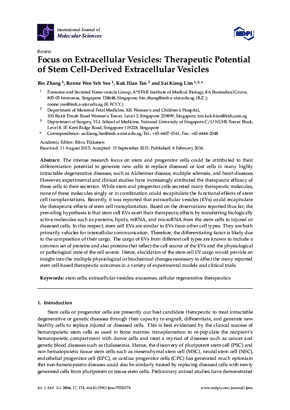 (PDF) Focus on Extracellular Vesicles: Therapeutic Potential of Stem ...
