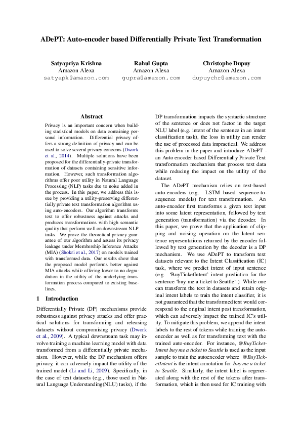 (PDF) ADePT: Auto-encoder based Differentially Private Text Transformation
