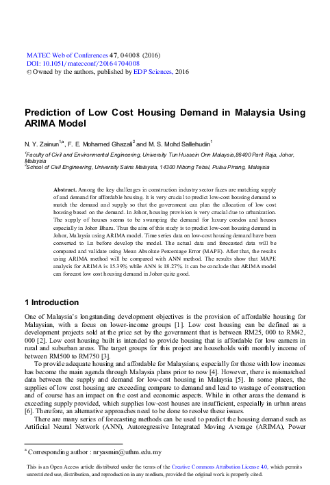 (PDF) Prediction of Low Cost Housing Demand in Malaysia Using ARIMA Model