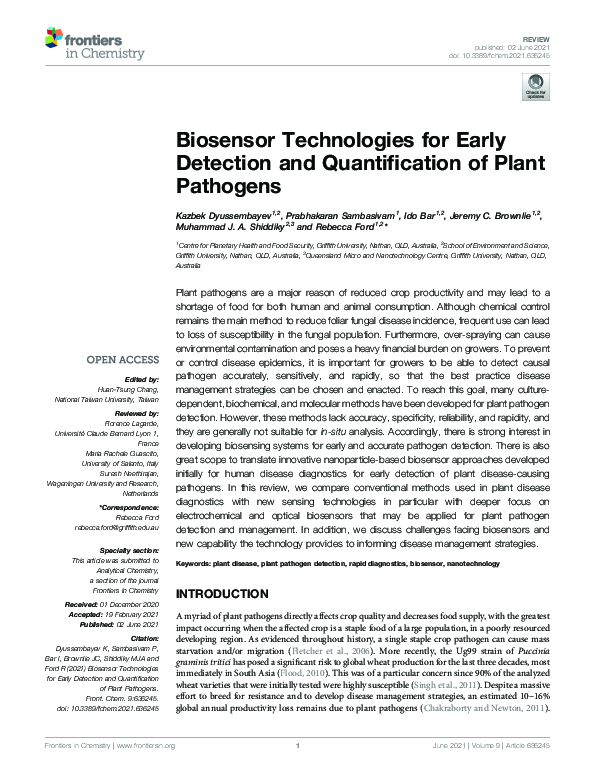 (PDF) Biosensor Technologies for Early Detection and Quantification of ...