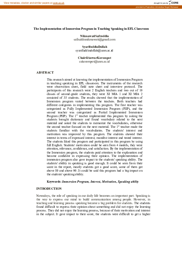 (PDF) The Implementation of Immersion Program in Teaching Speaking in ...