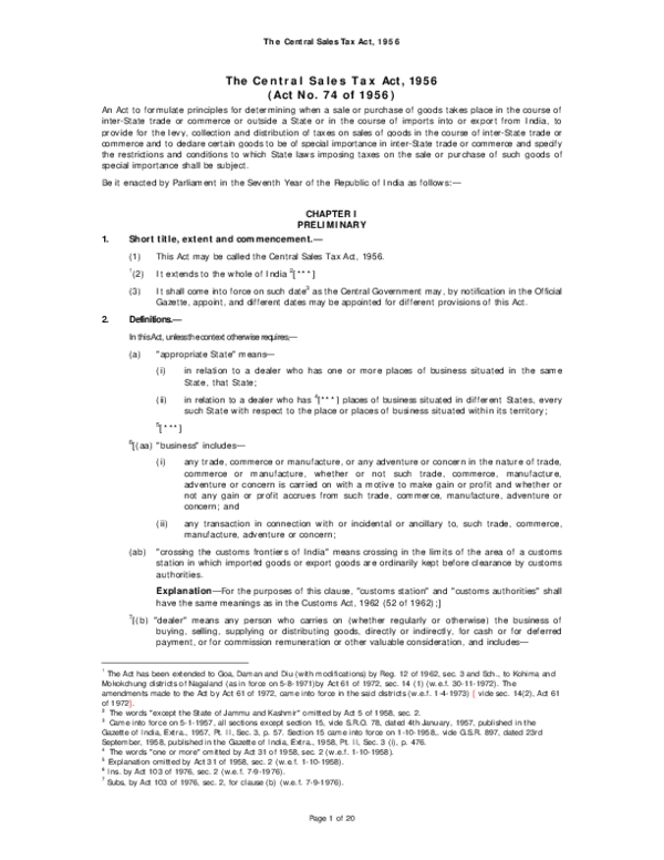 Cst act central sales tax act Govt of India