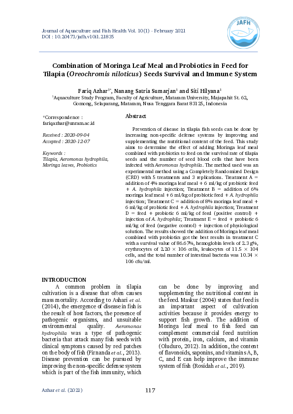 (PDF) Combination of Moringa Leaf Meal and Probiotics in Feed for