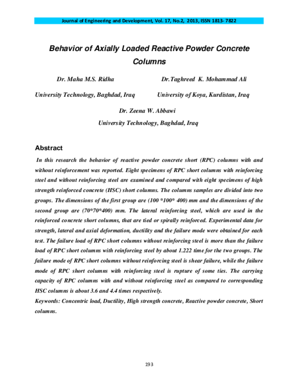 (PDF) Behavior of Axially Loaded Reactive Powder Concrete Columns