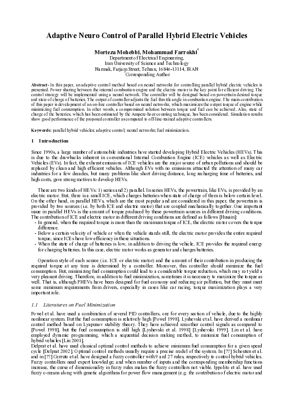 (PDF) Adaptive neuro control of parallel hybrid electric vehicles