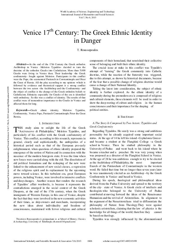 (PDF) Venice 17Th Century: The Greek Ethnic Identity In Danger