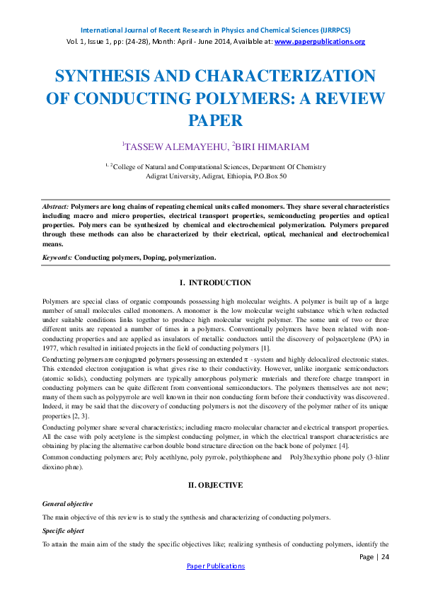 (PDF) Synthesis and Characterization of Conducting Polymers: A Review Paper