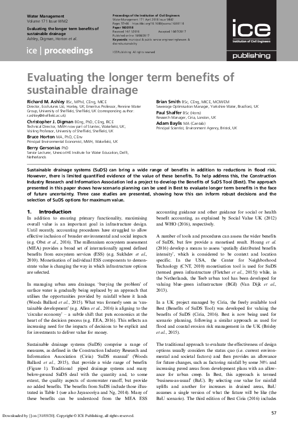 (PDF) Evaluating the longer term benefits of sustainable drainage