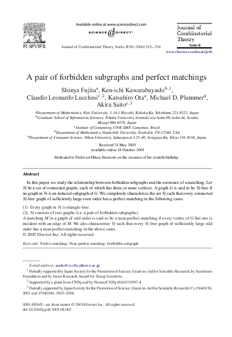 (PDF) A pair of forbidden subgraphs and perfect matchings in graphs of ...