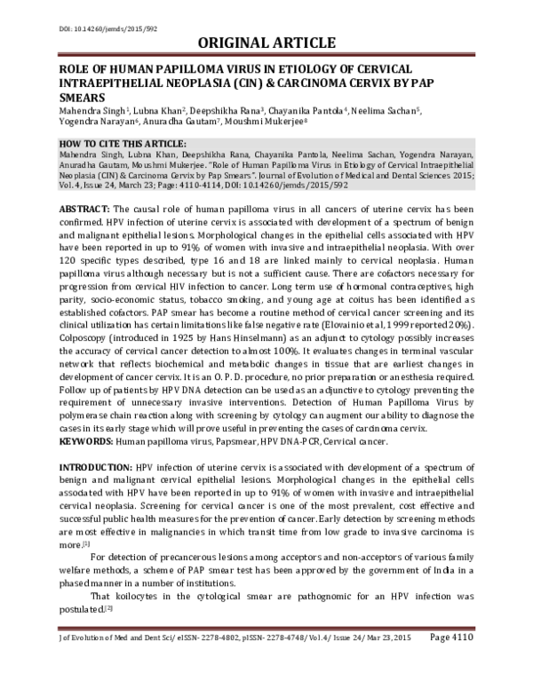 (PDF) Role of Human Papilloma Virus in Etiology of Cervical ...