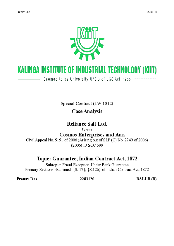 (PDF) Case Analysis of Reliance Salt Ltd. Versus Cosmos Enterprises and ...
