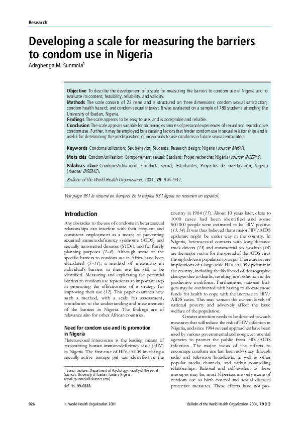 (PDF) Developing a scale for measuring the barriers to condom use in ...