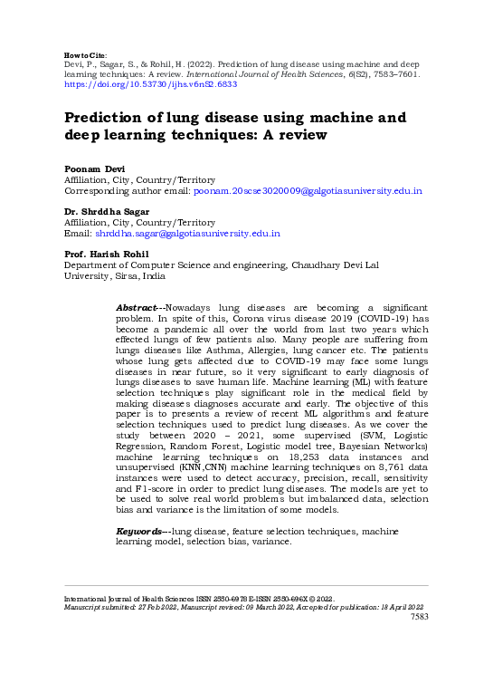 (PDF) Prediction of lung disease using machine and deep learning techniques