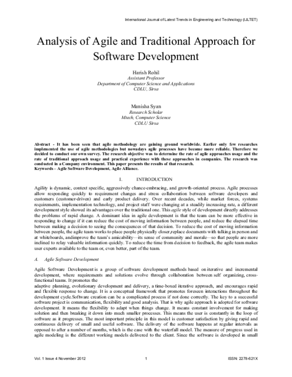 (PDF) Analysis of Agile and Traditional Approach for Software Development
