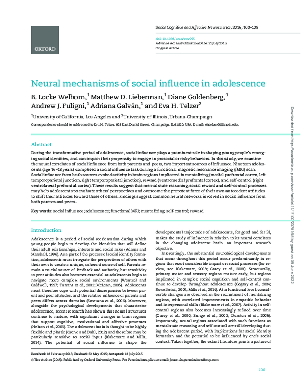 (PDF) Neural mechanisms of social influence in adolescence