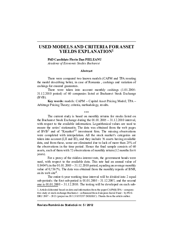 (PDF) Used Models and Criteria for Asset Yields Explanation