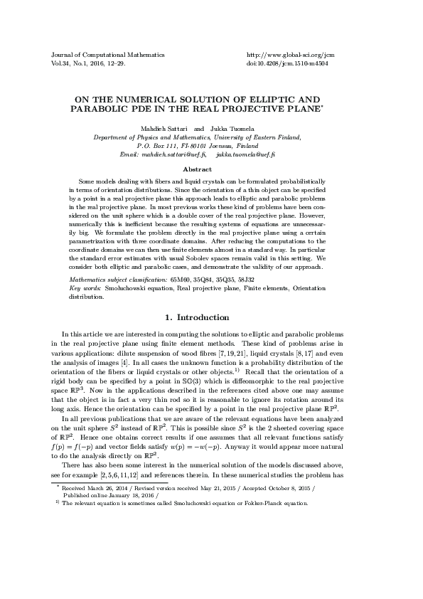 (PDF) On The Numerical Solution of Elliptic and Parabolic PDE in the ...