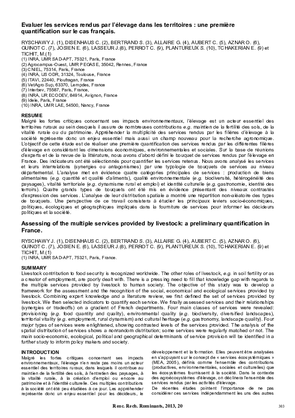 (PDF) Evaluer les services rendus par l'élevage dans les territoires ...