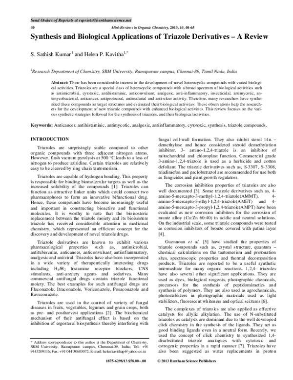(PDF) Synthesis and Biological Applications of Triazole Derivatives – A ...