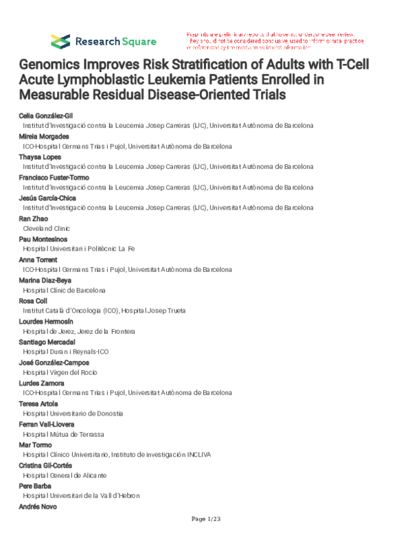 Image showcasing (PDF) Genomics Improves Risk Stratification of Adults with T-Cell Acute ...