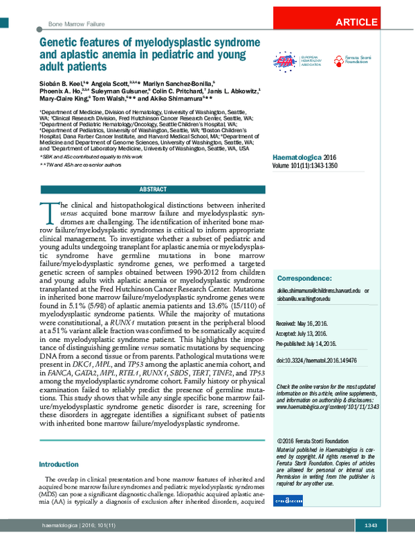 (PDF) Genetic features of myelodysplastic syndrome and aplastic anemia ...