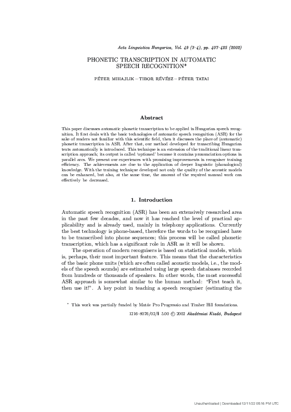 (PDF) Phonetic transcription in automatic speech recognition