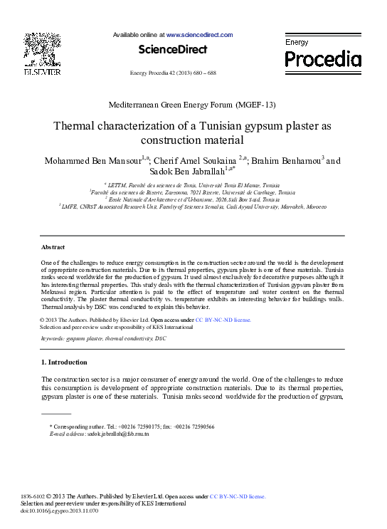 (PDF) Thermal Characterization of a Tunisian Gypsum Plaster as ...