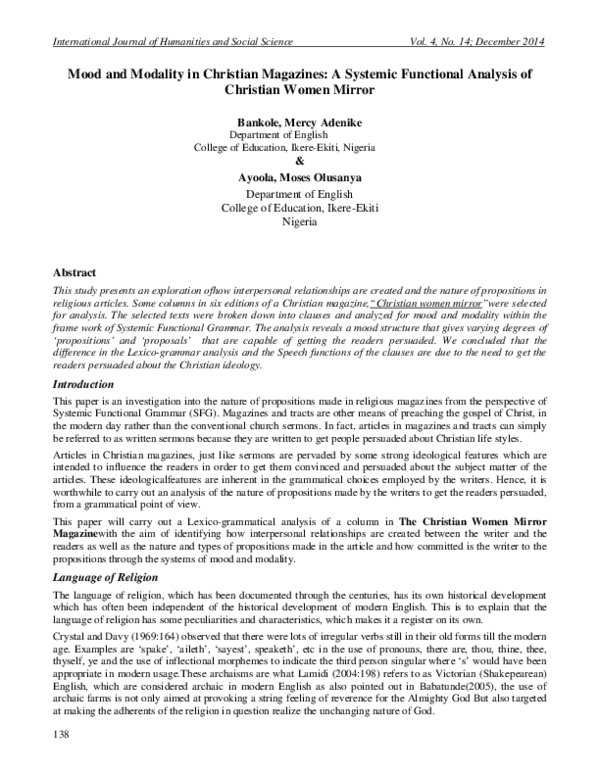 (PDF) Mood and Modality in Christian Magazines : A Systemic Functional ...