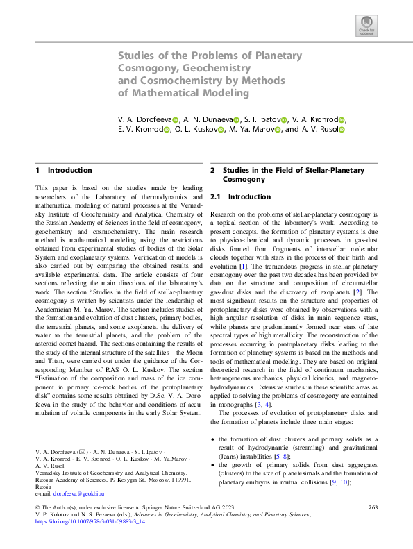 (PDF) Studies of the problems of planetary cosmogony, geochemistry and ...