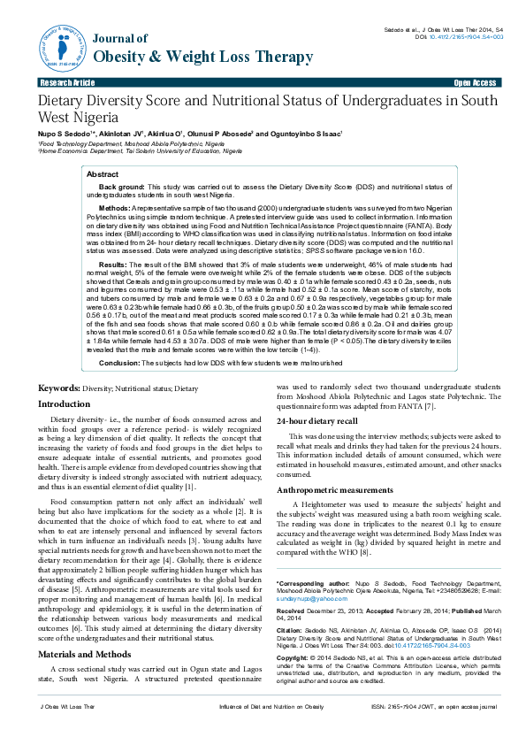 (PDF) Dietary Diversity Score and Nutritional Status of Undergraduates ...