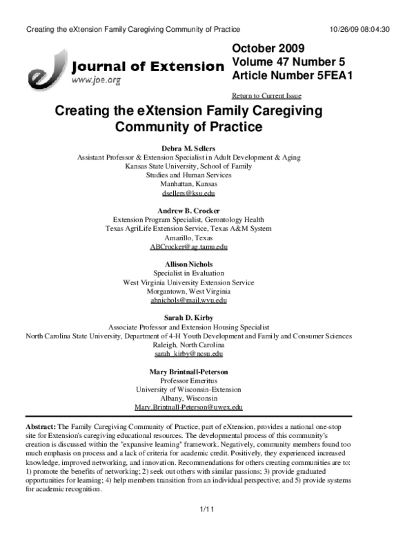 (PDF) Creating the eXtension family caregiving community of practice