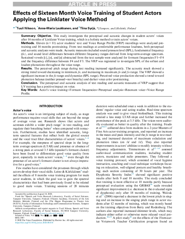 (PDF) Effects of Sixteen Month Voice Training of Student Actors ...