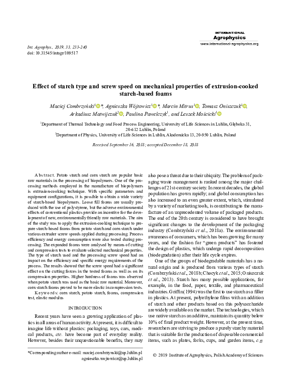 (PDF) Effect of starch type and screw speed on mechanical properties of ...
