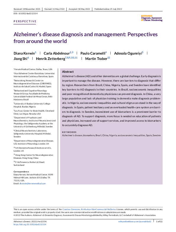 (PDF) Alzheimer's disease diagnosis and management: Perspectives from ...