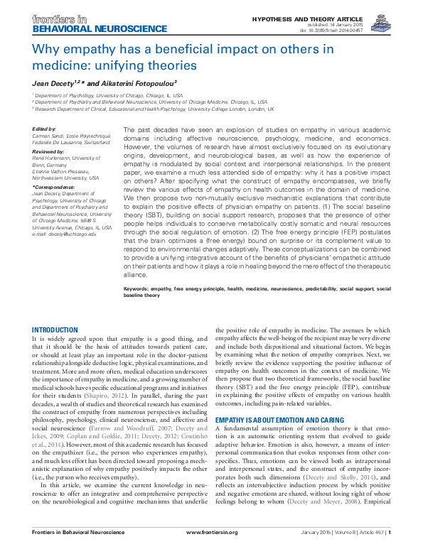 (PDF) Why empathy has a beneficial impact on others in medicine ...