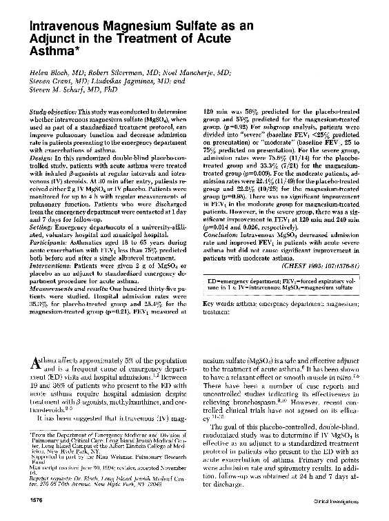 (PDF) Intravenous Magnesium Sulfate as an Adjunct in the Treatment of