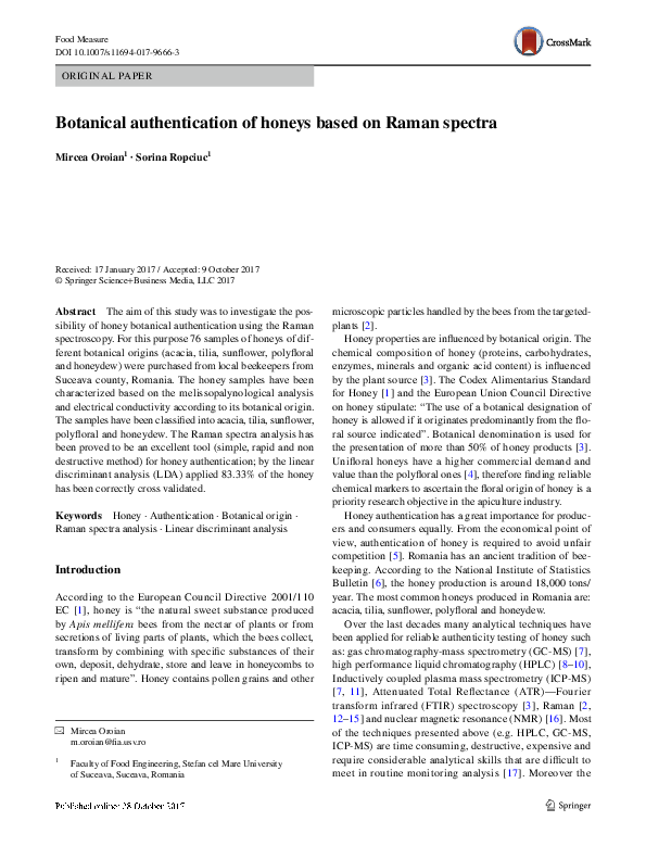 (PDF) Botanical authentication of honeys based on Raman spectra