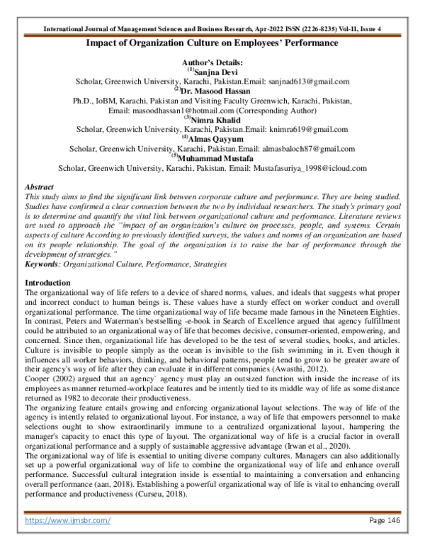 (PDF) Impact of Organization Culture on Employees Performance