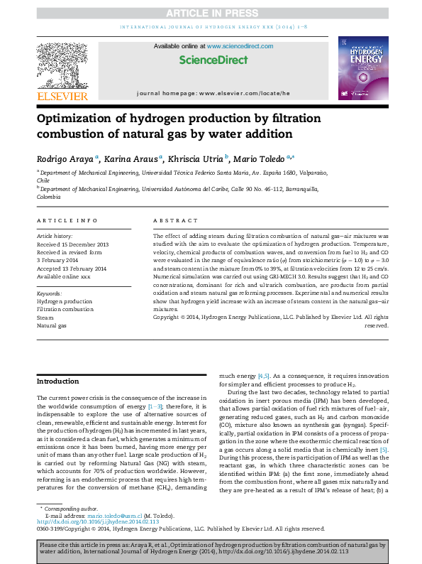 (PDF) Optimization of hydrogen production by filtration combustion of ...