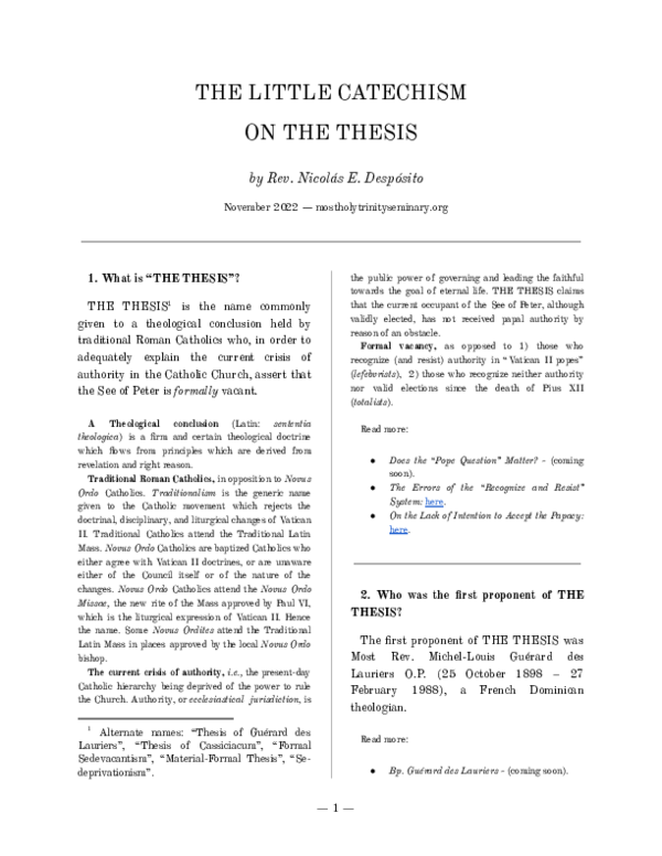 (PDF) The Little Catechism on the Thesis, by Rev. Nicolás E. Despósito