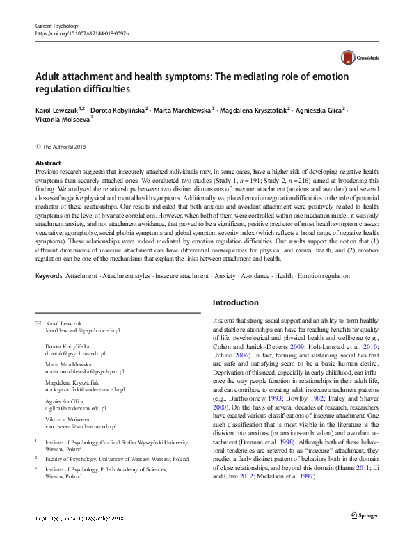 (PDF) Adult attachment and health symptoms: The mediating role of ...