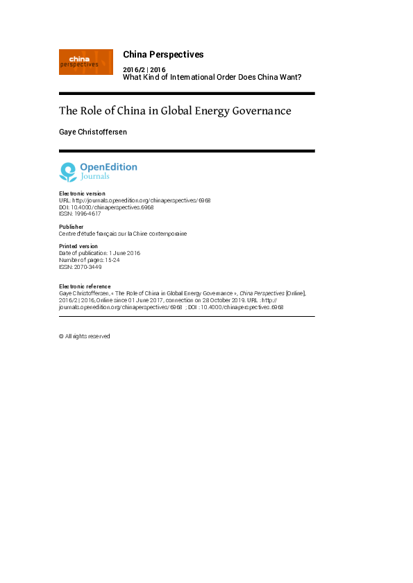 (PDF) The Role of China in Global Energy Governance