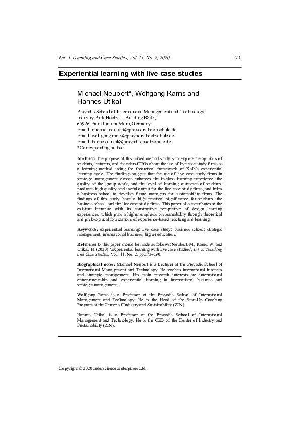 (PDF) Experiential learning with live case studies