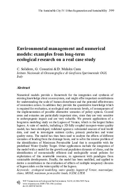 (PDF) Environmental management and numerical models: examples from long ...