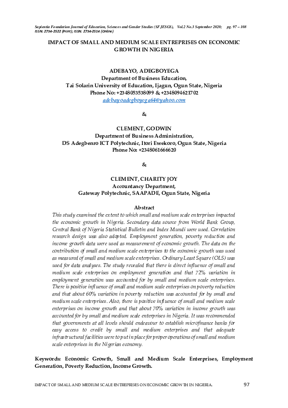(PDF) Impact of Small and Medium Scale Entreprises on Economic Growth ...