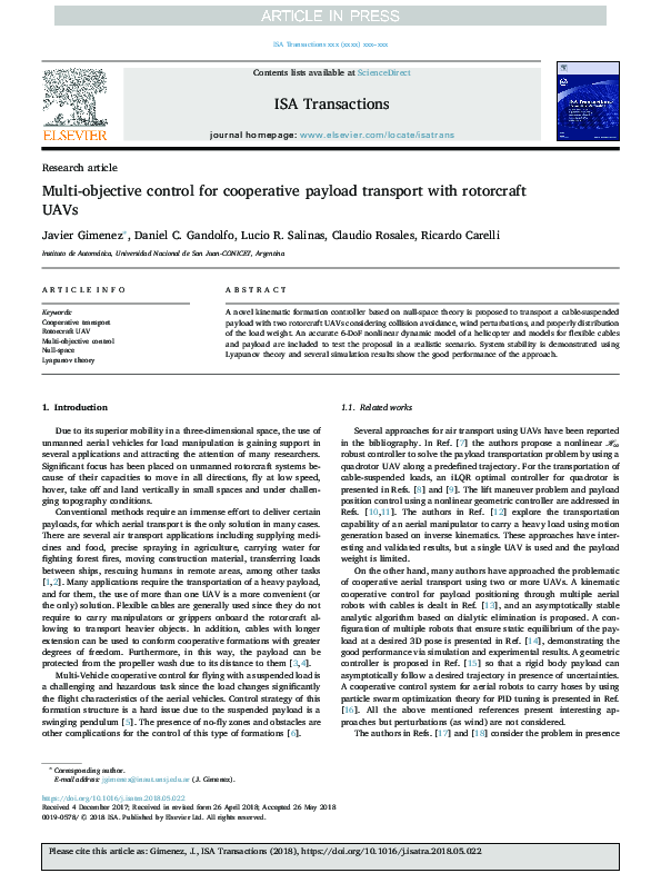 (PDF) Multi-objective control for cooperative payload transport with ...