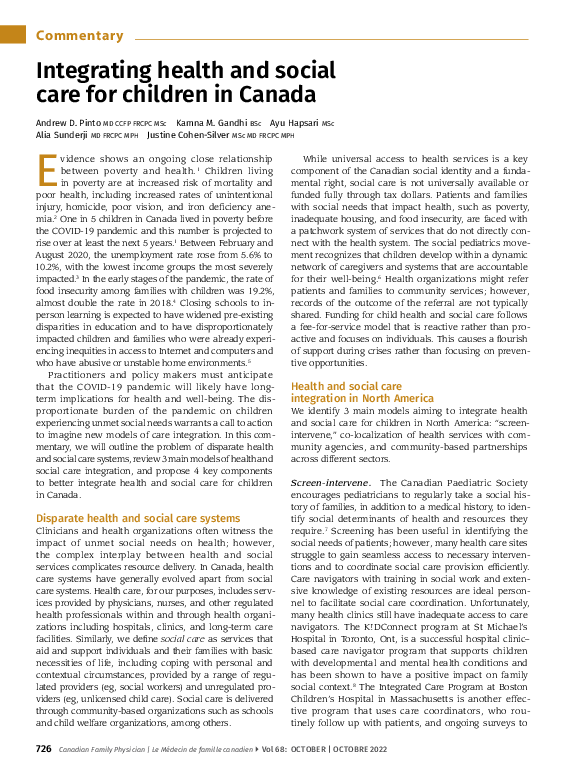 (PDF) Integrating health and social care for children in Canada