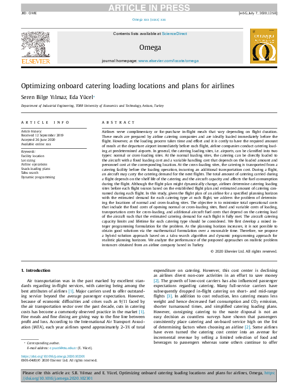 (PDF) Optimizing onboard catering loading locations and plans for airlines